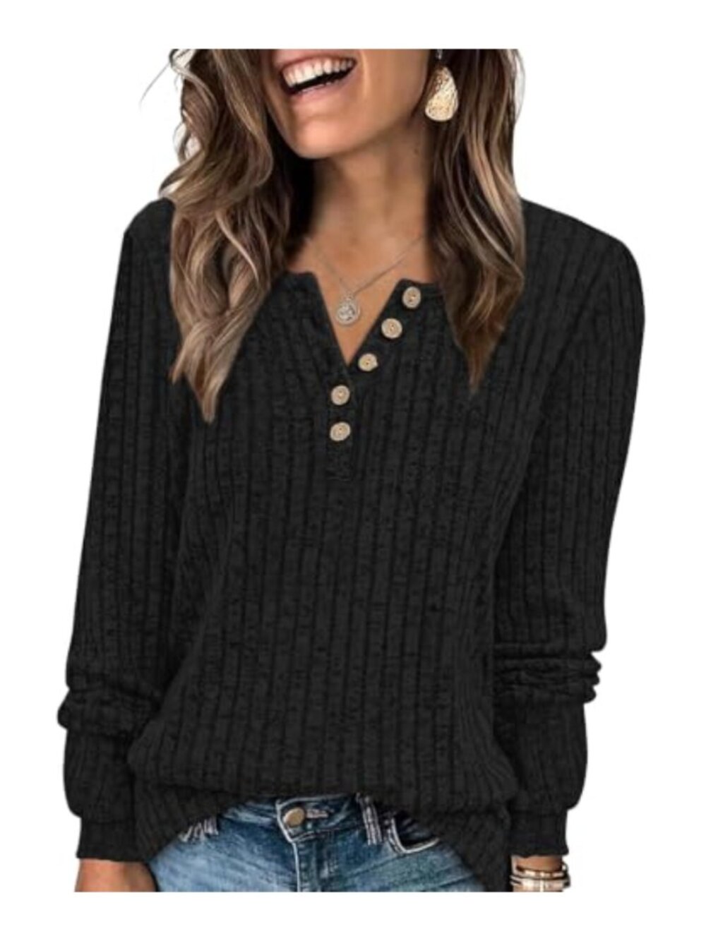 Lightweight Henley Sweater Lantern Sleeve Pullover Tunic Top